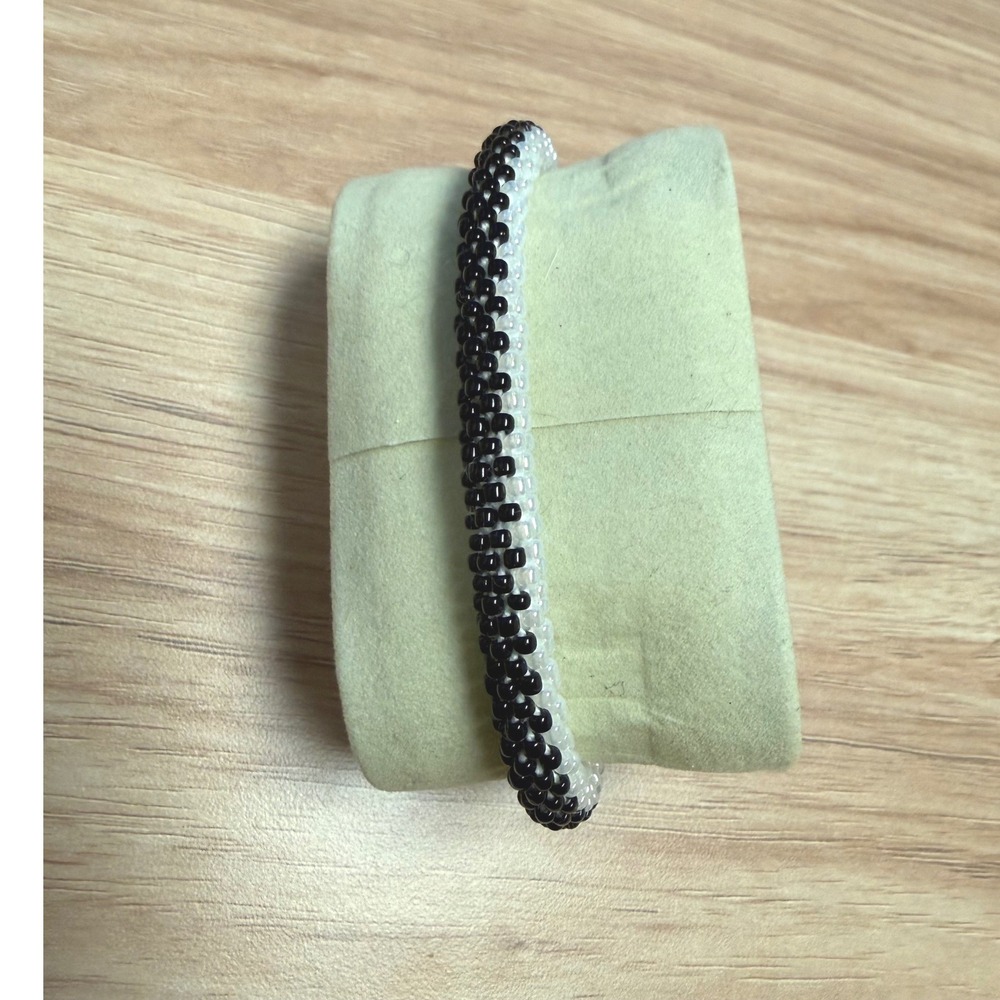 Black & White Seed Bead Coil‎ Bracelet  Stretch Roll-On Style Handmade Look